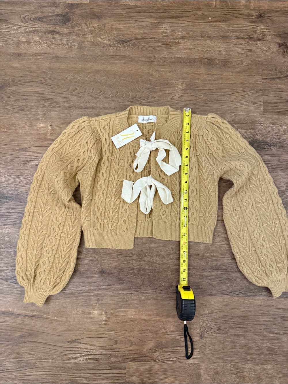 Cropped Cable-Knit Cardigan with Bow Ties — Mustard